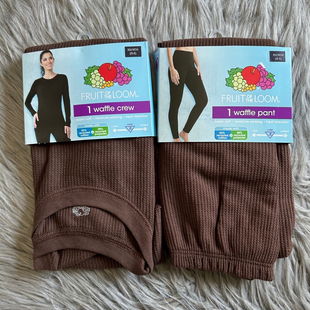 Fruit Of The Loom Thermal Set Women‎ Size XS (0-2) Brown Waffle Crew Shirt Pants